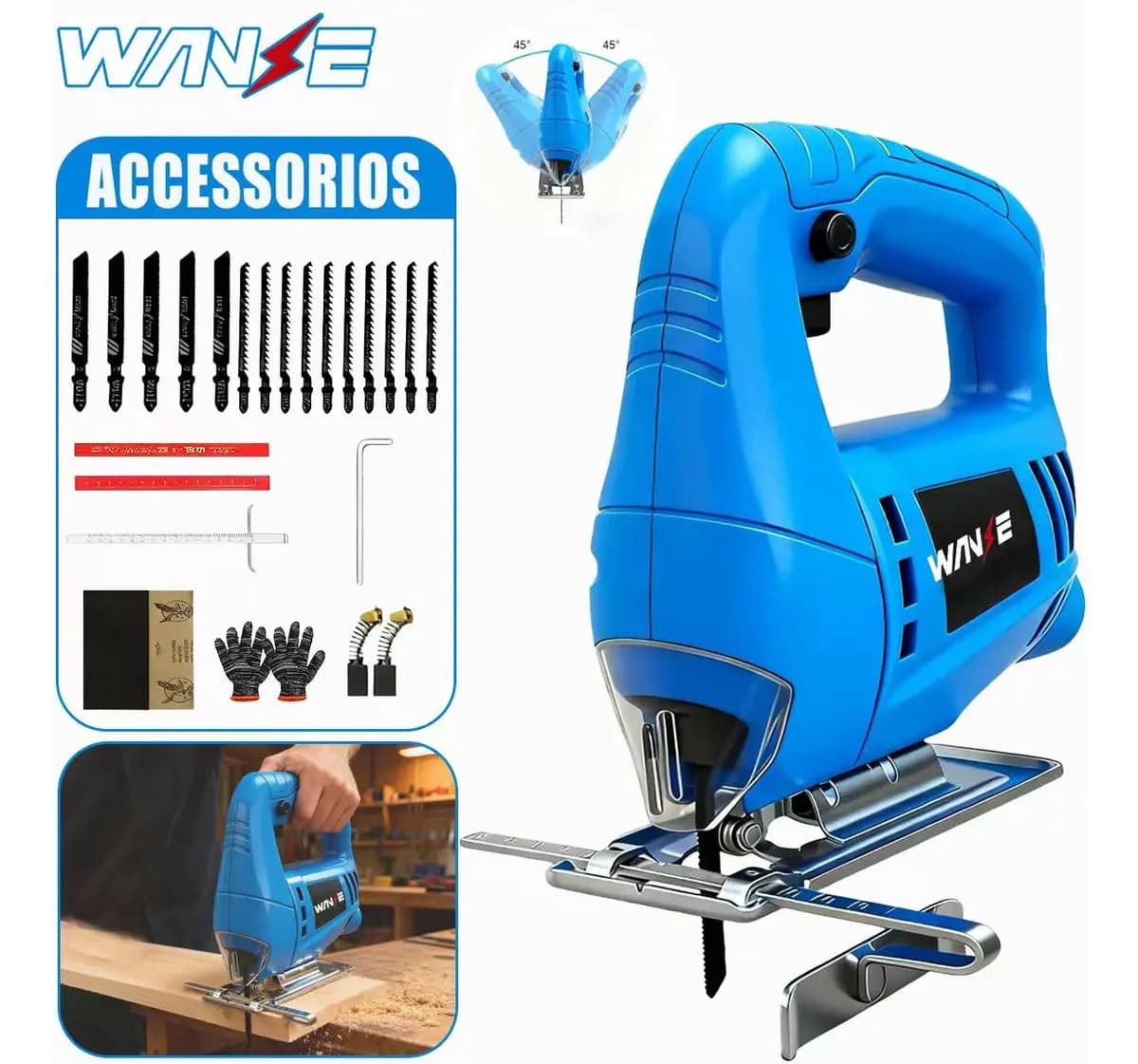 Sierra Caladora Wanse de 780W con 20 Accesorios para Madera y Metal