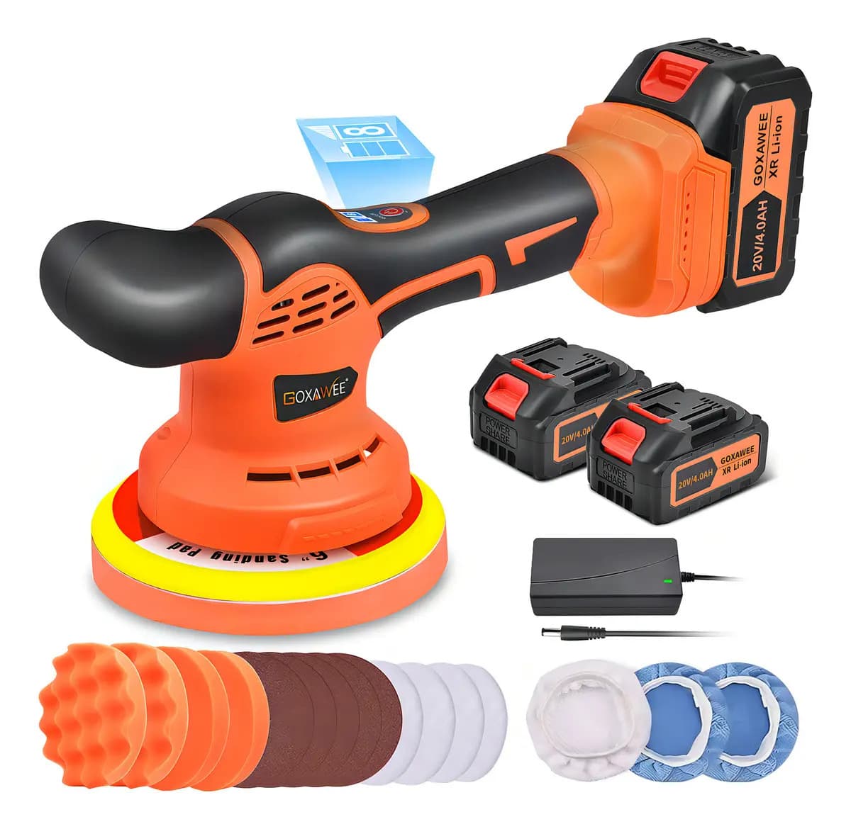 Goxawee Pulidor Para Auto Ajustable Herramienta Automotriz 600w pulidora Orbital Sin Cable 9mm Chasis 6inch Con 2 Baterías 2000mah