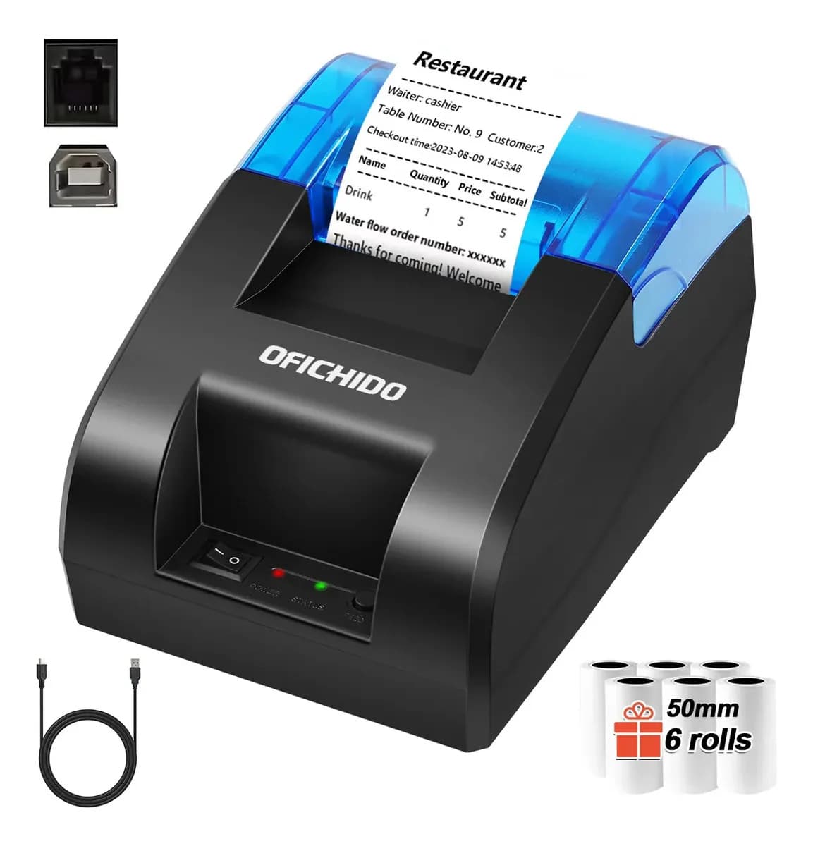 Impresora Térmica de Tickets y Recibos USB con 6 Rollos de Papel de 58 mm para Windows, Mac y Linux