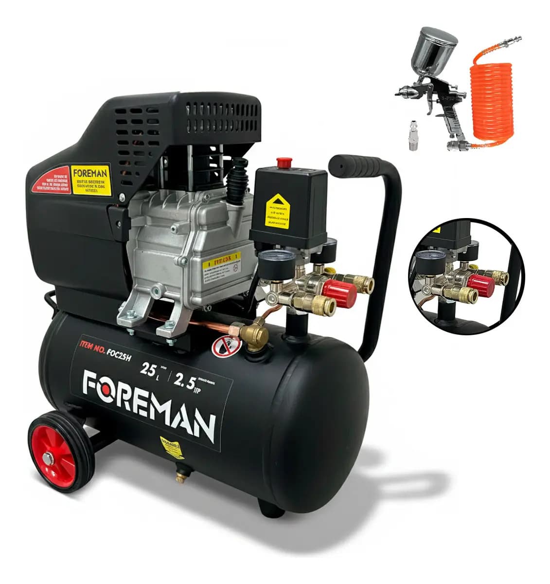 Compresor De Aire 25l 2.5hp Foc25h Foreman Color Negro Fase Eléctrica Monofásica