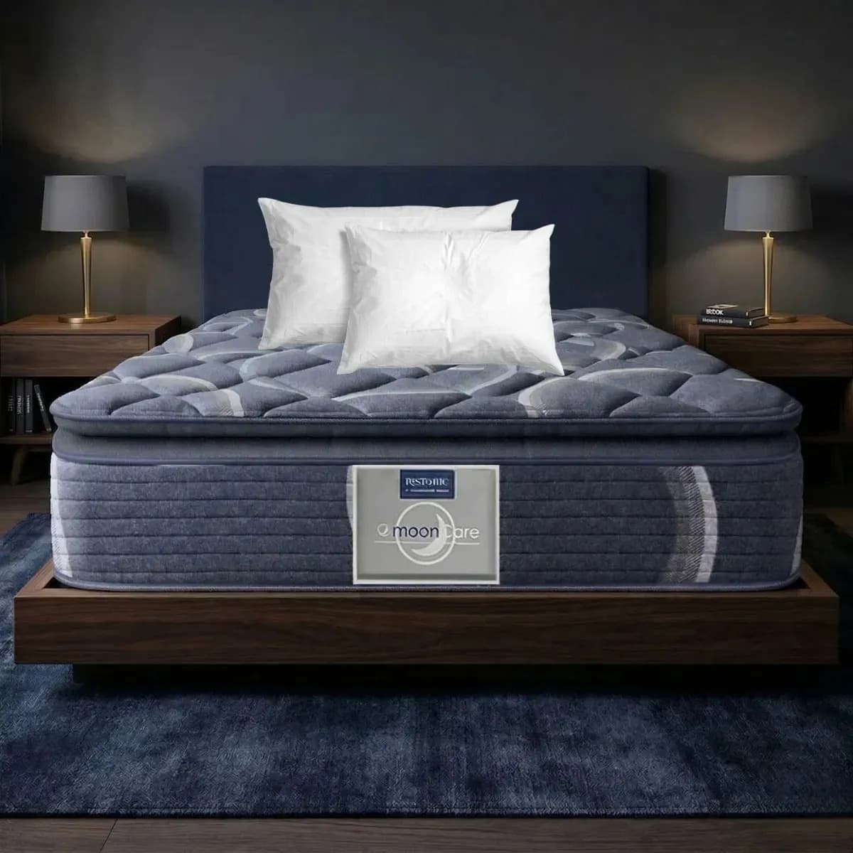 Colchón Restonic Matrimonial De Alta Densidad Anti Estrés Gris Oscuro Con Almohadas