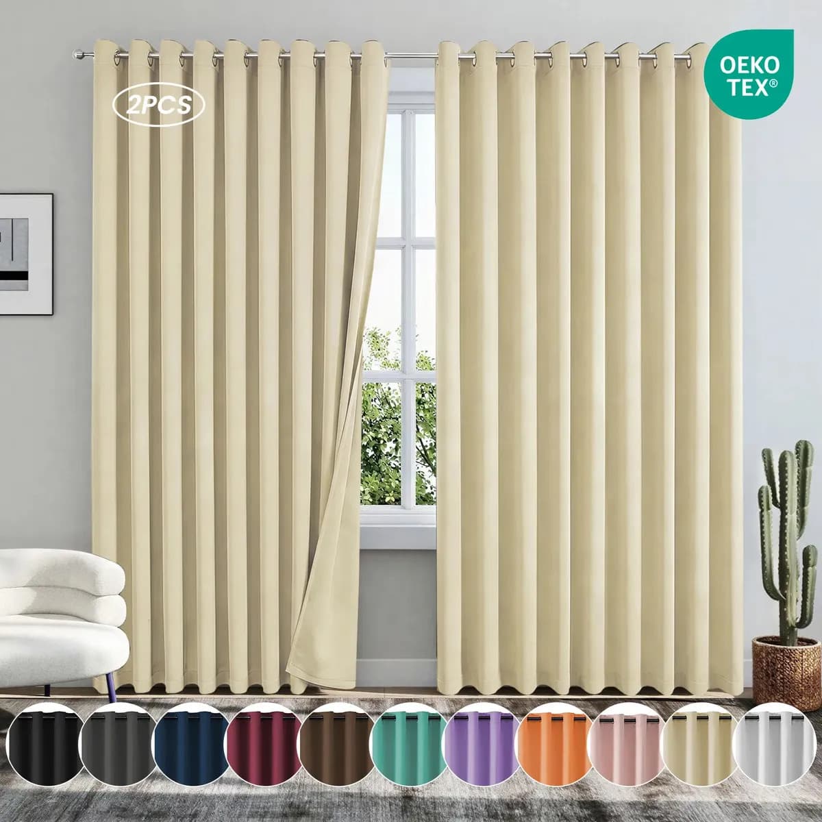 Cortinas Blackout Para Ventana Sala Recamara Premium Acusticas Largas 280x240cm 2 Paneles Beige