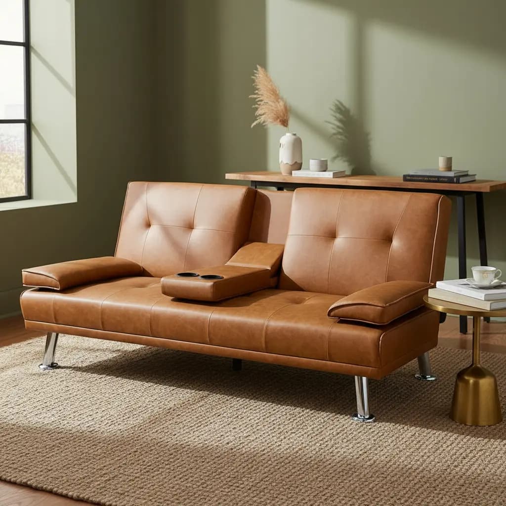 Sofá Cama Futon Sala Moderna Minimalista Reclinable Vanlig® Color Marrón Diseño De La Tela Piel Sintética