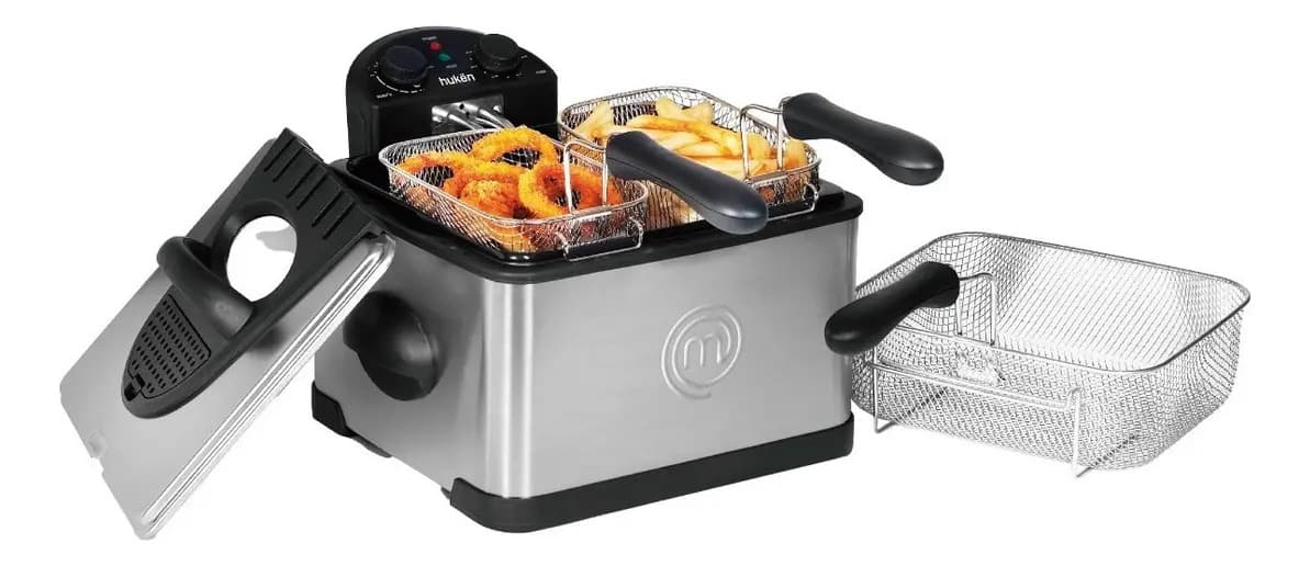 Freidora De Aceite 4l Xl 3 Canastillas Hukën Masterchef Plateado