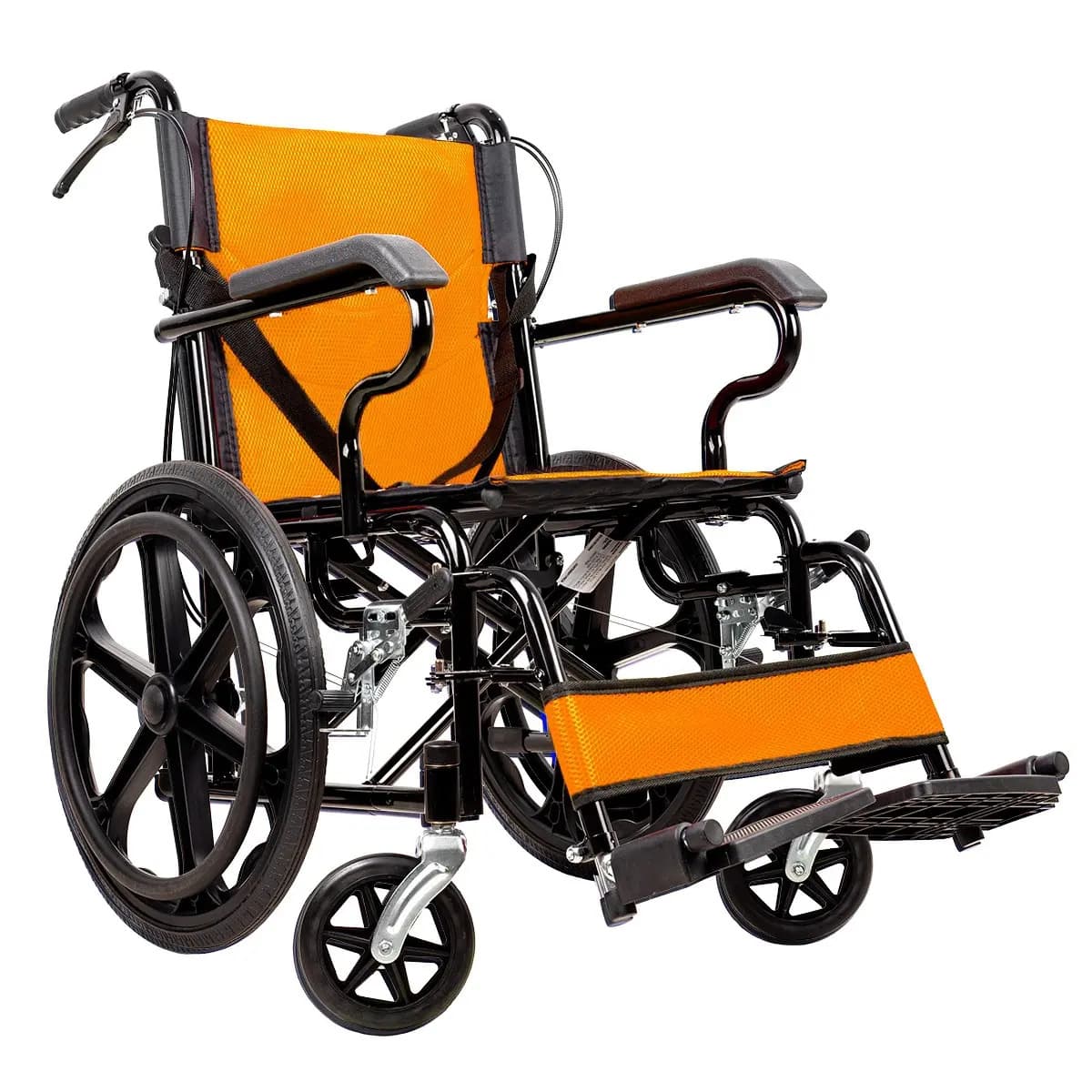 Silla De Ruedas Traslado Ergonomica Con Brazos Fijos Descansapies Desmontables Y Facil Manejo En Espacios Reducidos Color Naranja