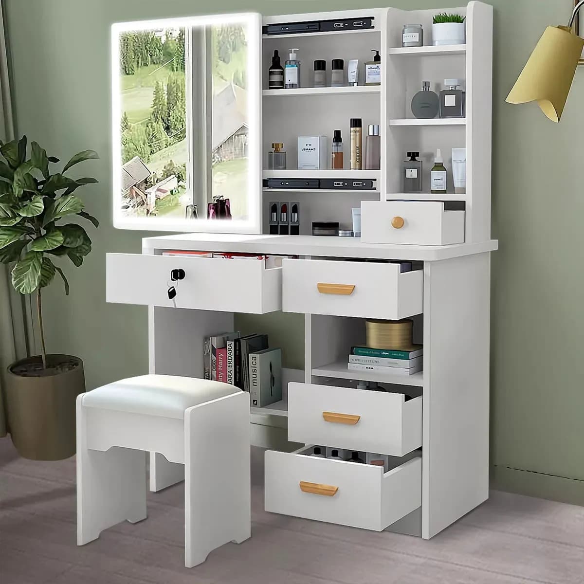 Tocador De Dormitorio Con Espejo Led Moderno Incluye Tabur Color Blanco-zuojing
