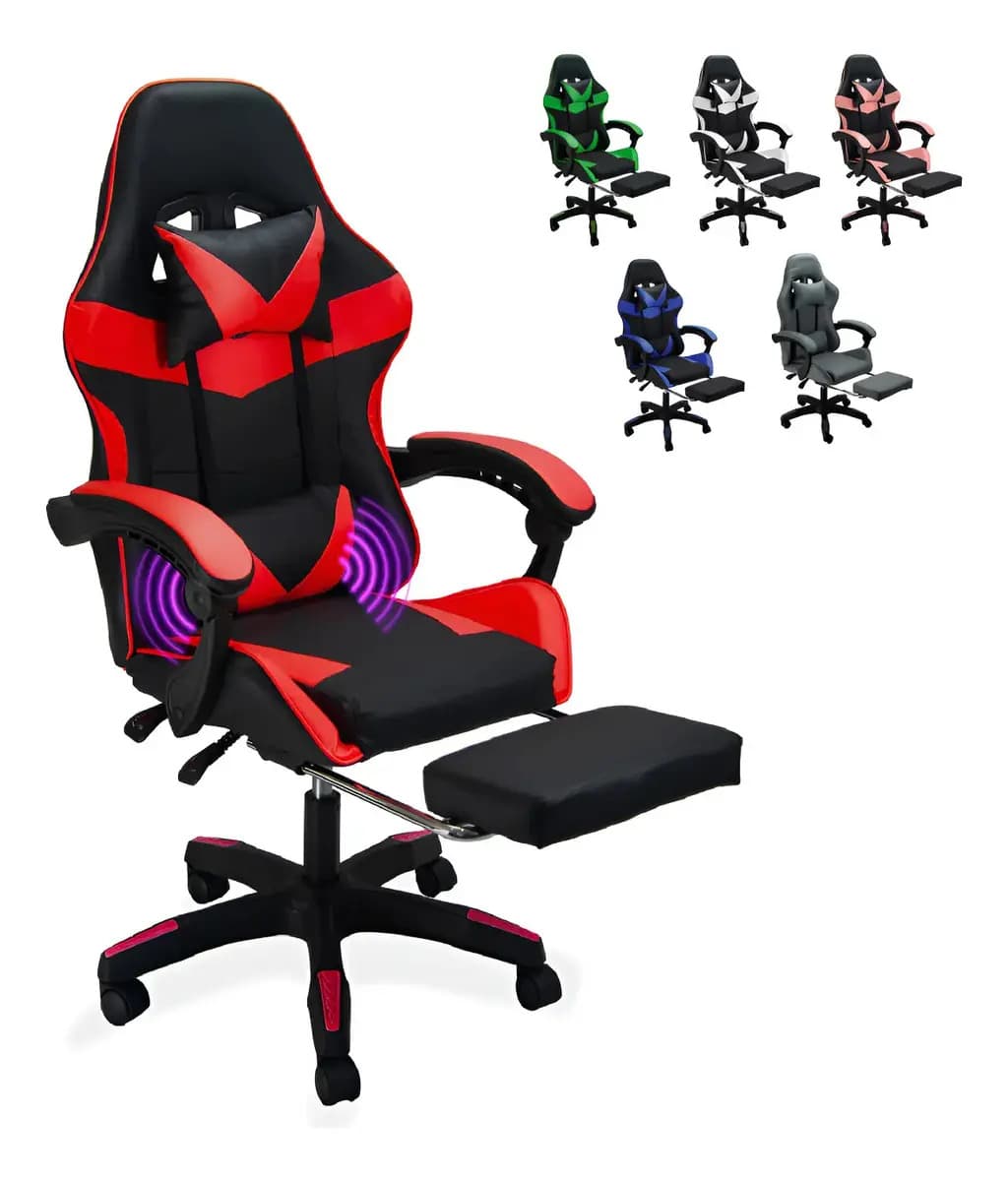 Silla Gamer Ergonómica Reposapiés Reclinable Gaming Oficina Rojo Cuero Sintético
