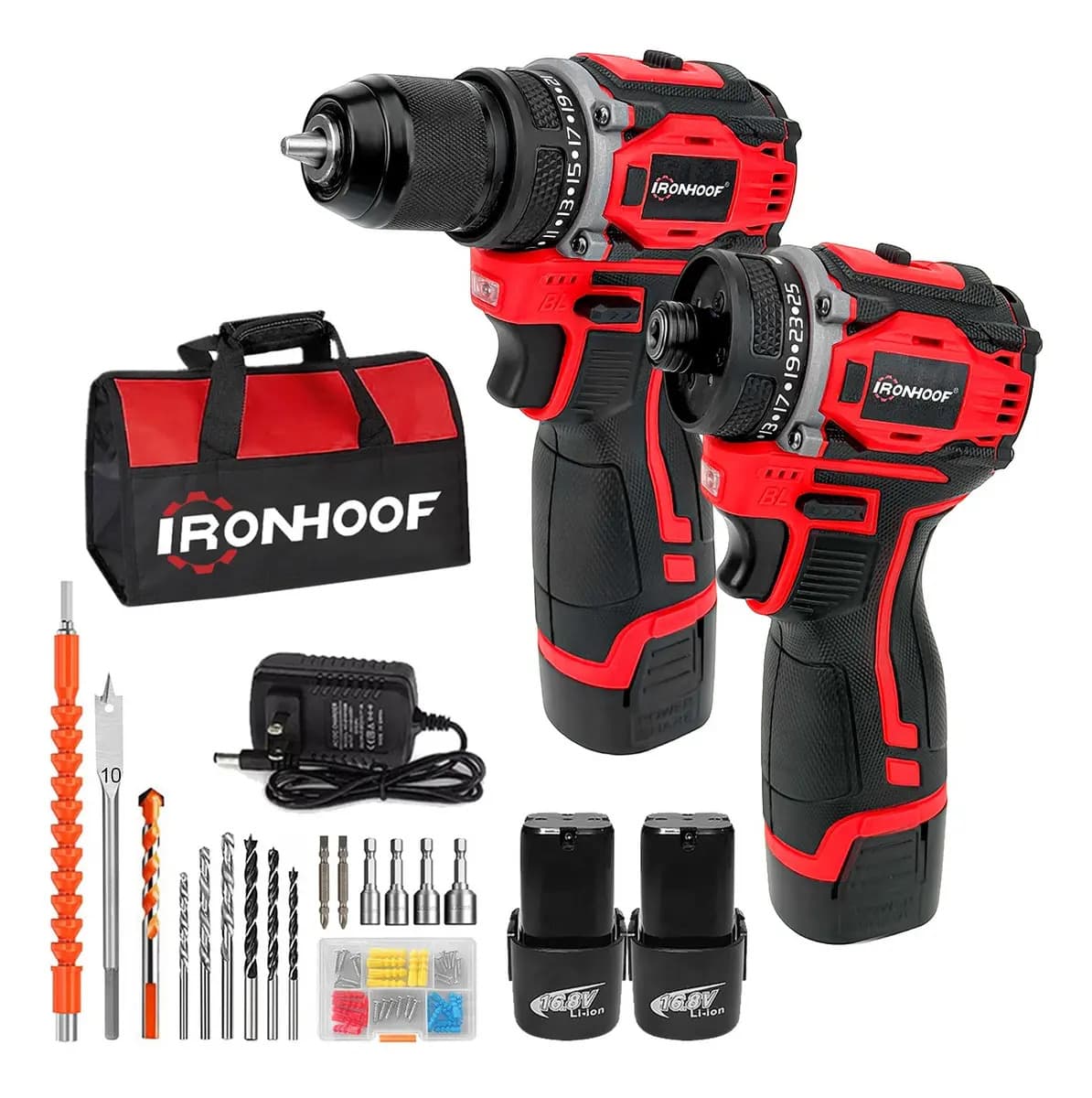 Kit Taladro Inalámbrico Impacto y Atornillador sin Escobillas Ironhoof XMMXF195RB Color Rojo