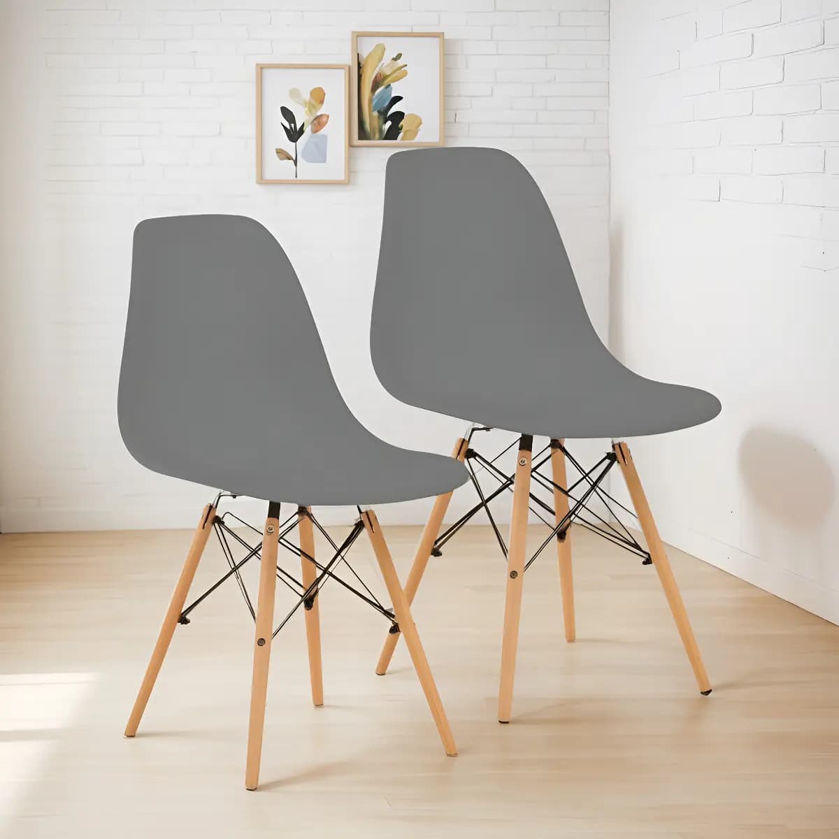 Set X 2 Sillas Tipo Eames Minimalistas Sillas De Comedor Estructura Reforzadas Negro Color Del Asiento Gris