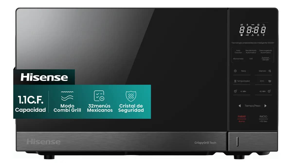 Hisense 1.1 C.F. Capacidad, Modo Combi Grill, 32menús mexicanos preestablecidos, Cristal De Seguridad, Revestimiento Cerámico, ECO y Mute, 10 Niveles De Potencia, Acero Inoxidable Negro, HMMG3010DSG