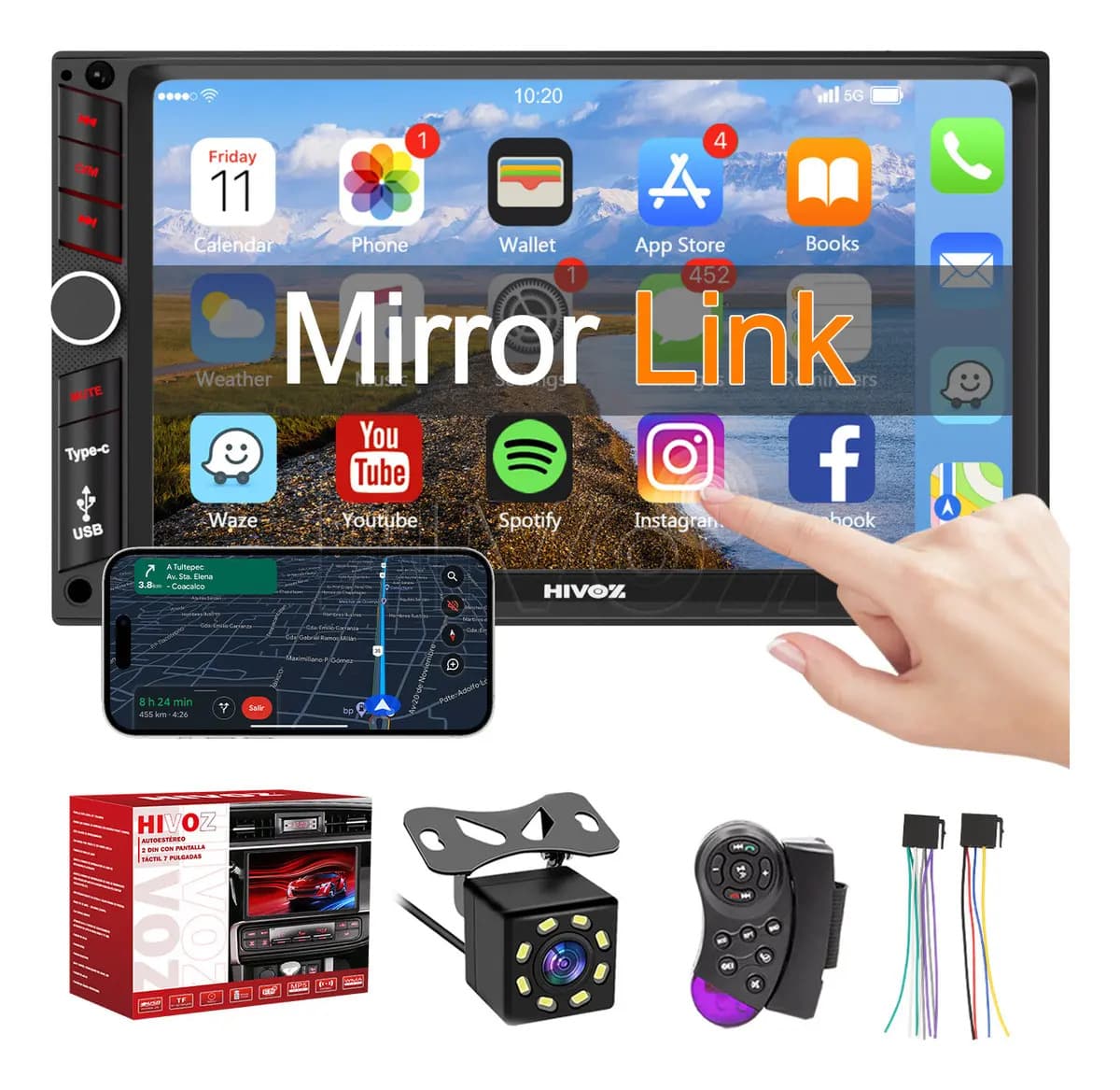 Autoestéreo Hivoz M99 de 7" con Pantalla Táctil, Bluetooth y MirrorLink Universal 1DIN y 2DIN MP5 Bluetooth FM EQ Cámara de Reversa 8 LED Estereo USB Type-C Aux RCA 4x60W Reproductor Multimedia Auto