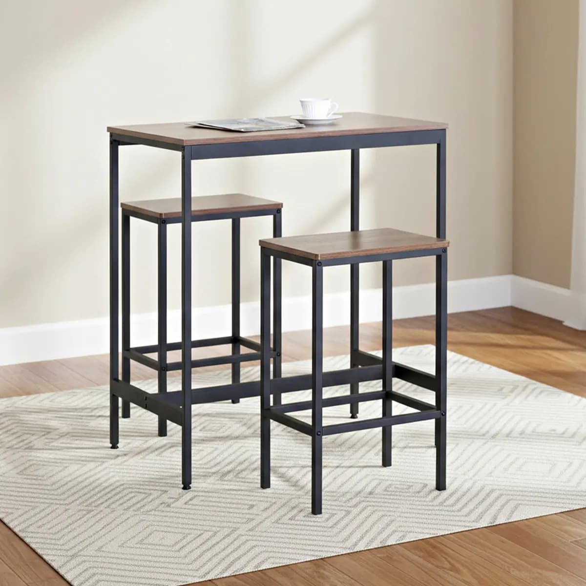 Mesa Alta Barra De Cocina Mueblana Madera 2 Bancos 80cm Marrón Oscuro Negro