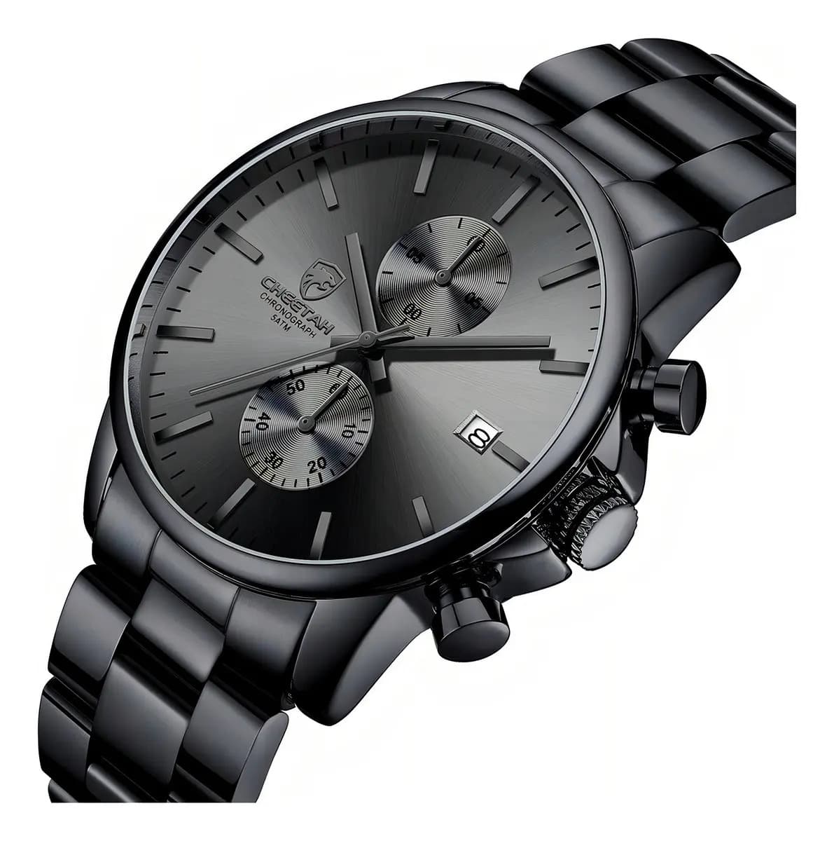 Reloj de Cuarzo Cronógrafo para Hombre con Correa de Acero Inoxidable y Fondo Negro