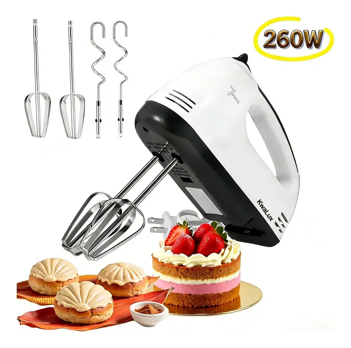 Batidora de Mano Kwalux 260W Blanco 7 Velocidades Modelo 133 Mezclador Eléctrico
