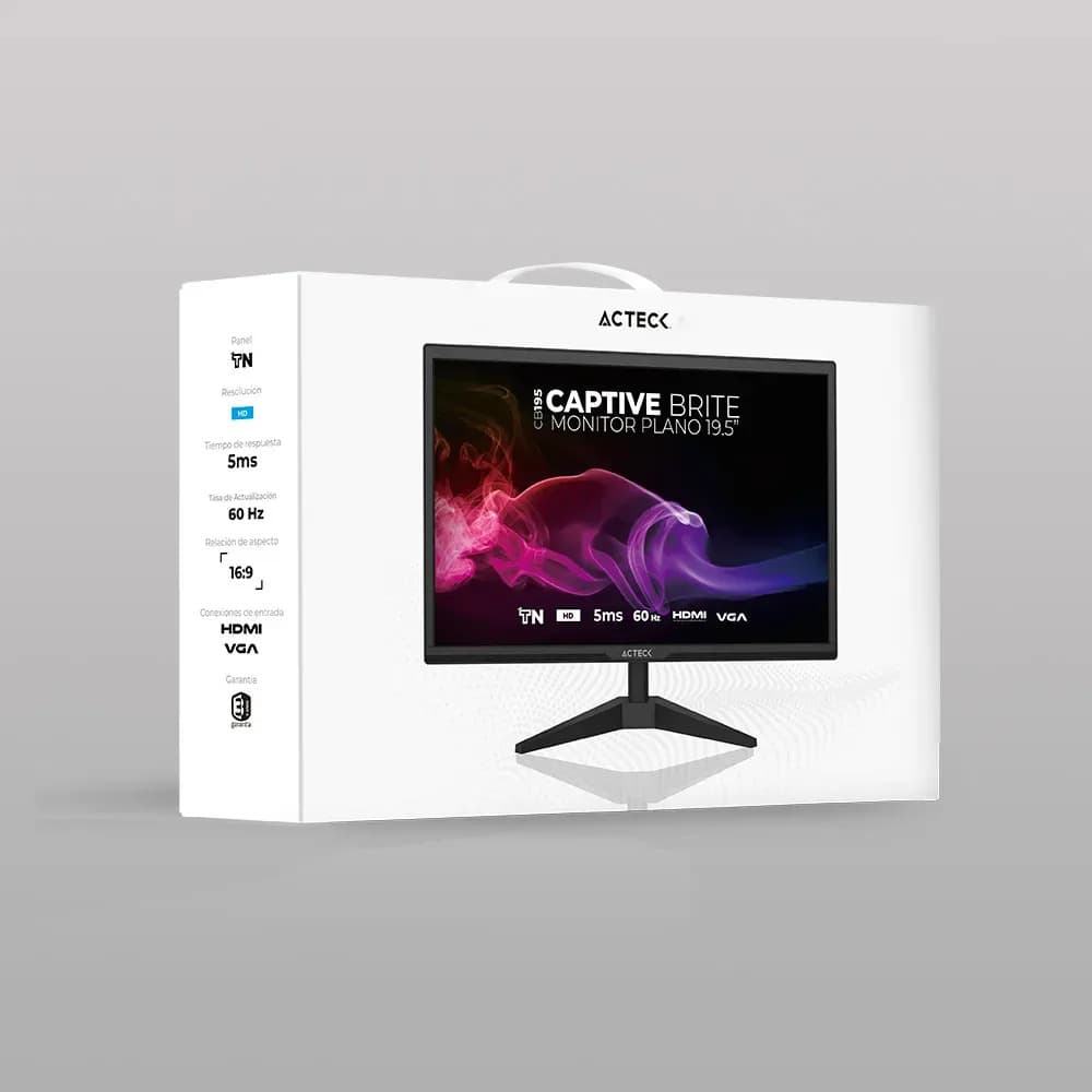 Monitor Plano 19.5" TN Captive Brite CB195 / HD / únicamente 60Hz / 5ms / Low-blue light / 1xVGA + 1xHDMI 1.4 / VESA 75mm / Essential Negro