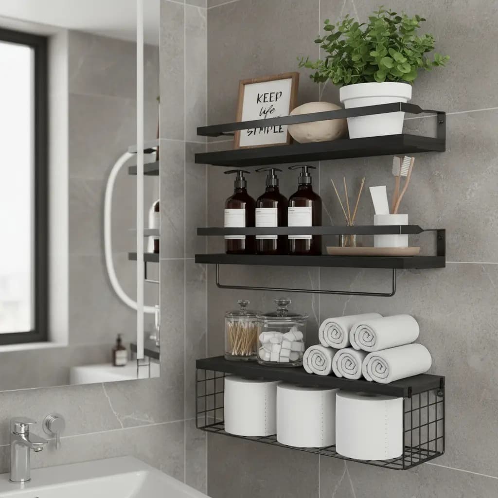 Repisas Flotantes Estantes De Madera Para Dormitorio Baño Color Negro