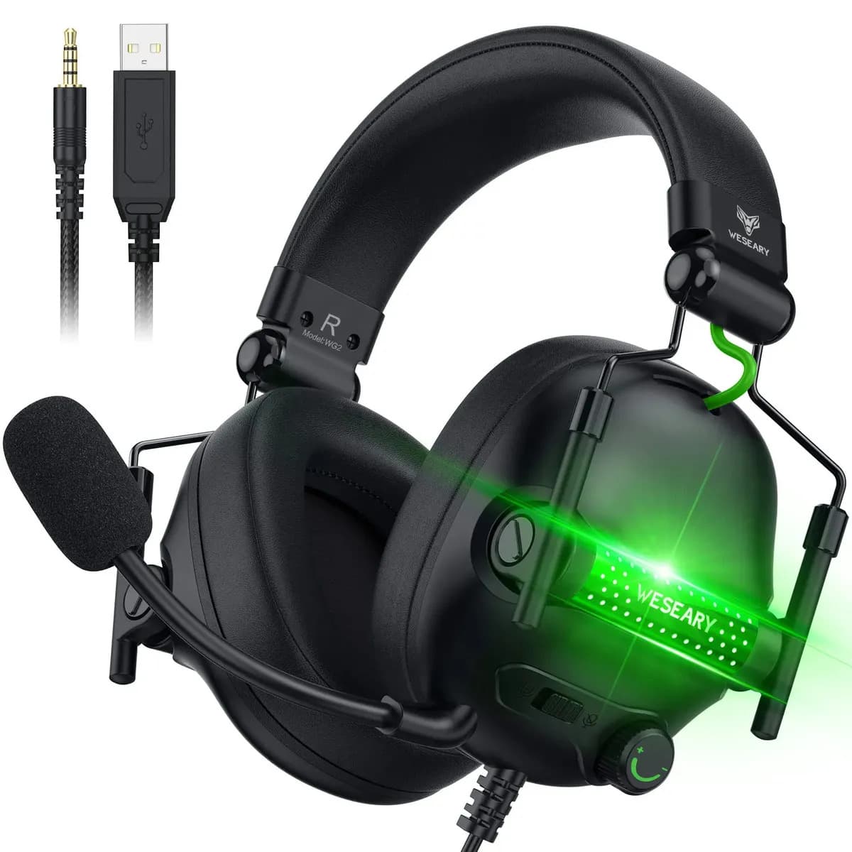 Auriculares Gamer Weseary Wg2 Alámbricos Con Micrófono, Cancelación De Ruido, Color Negro