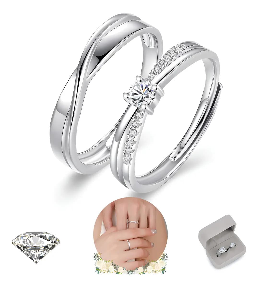 2 Anillos De Pareja Plata 925 Compromiso Promesa Ajustable GOOLUU