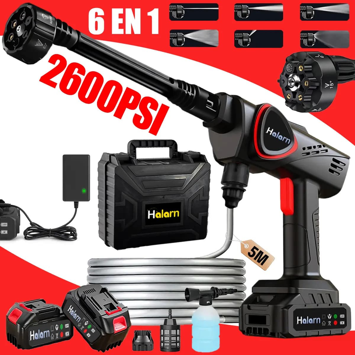 Hidrolavadora Inalámbrica Portátil HALARN, 6 En 1 Pistola Eléctrica Profesional De 2600 PSI Con 2 * Baterías