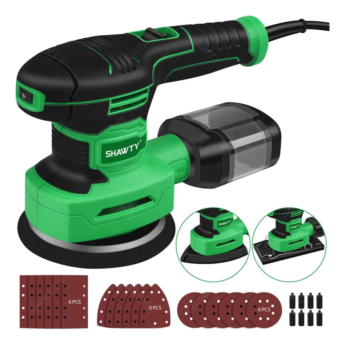 SHAWTY Lijadora De Orbital 3 En 1, 450W 2.5A, 5 Velocidades Lijadora Electrica 14000OPM, Redonda, Cuadrada, En Forma De Rata, Para Lijadora De Madera, Desincrustar y Pulir Metales, Lijar Cantos