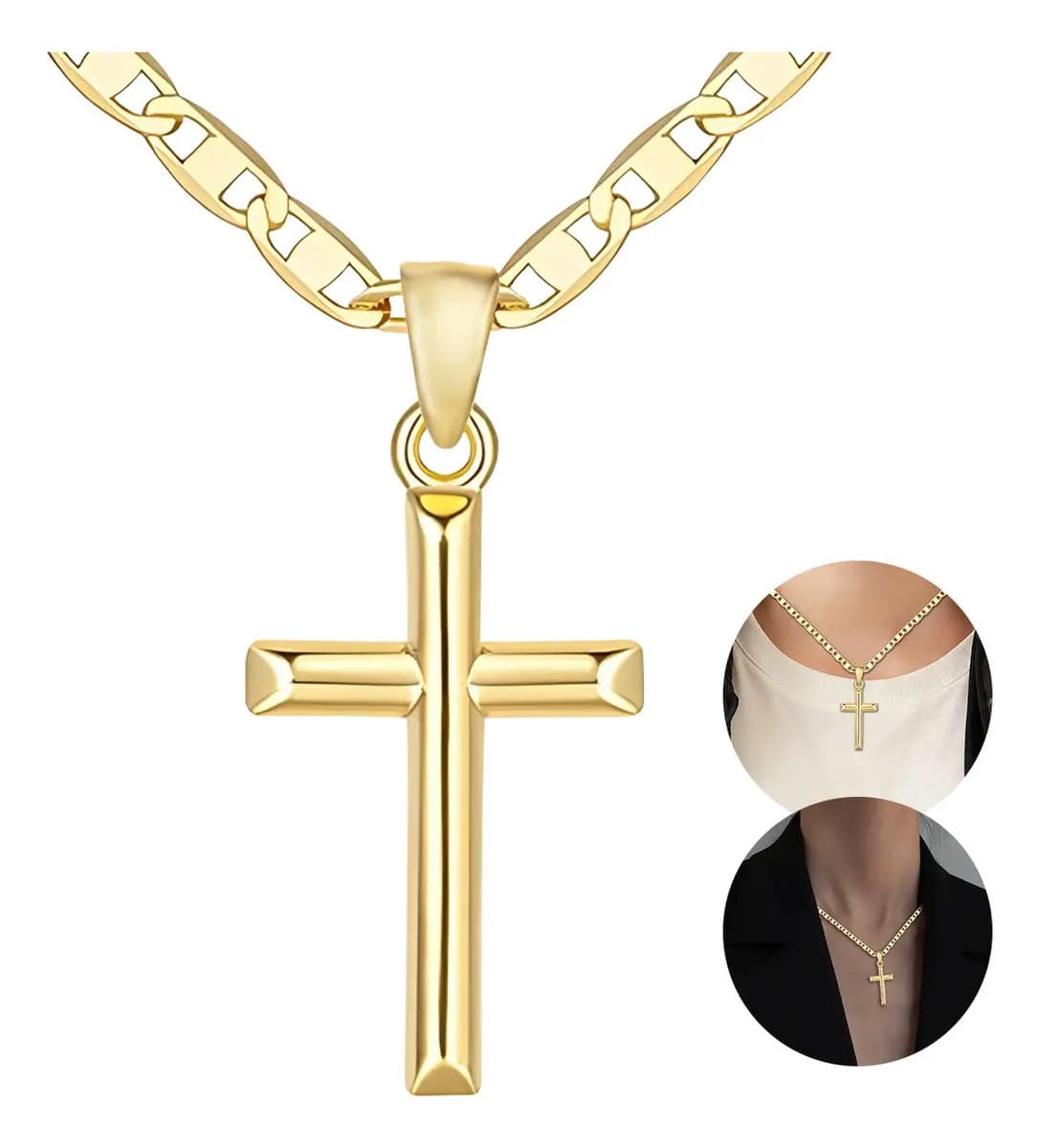 Collar con cruz en acero inoxidable dorado 50+5cm cadena ajustable unisex