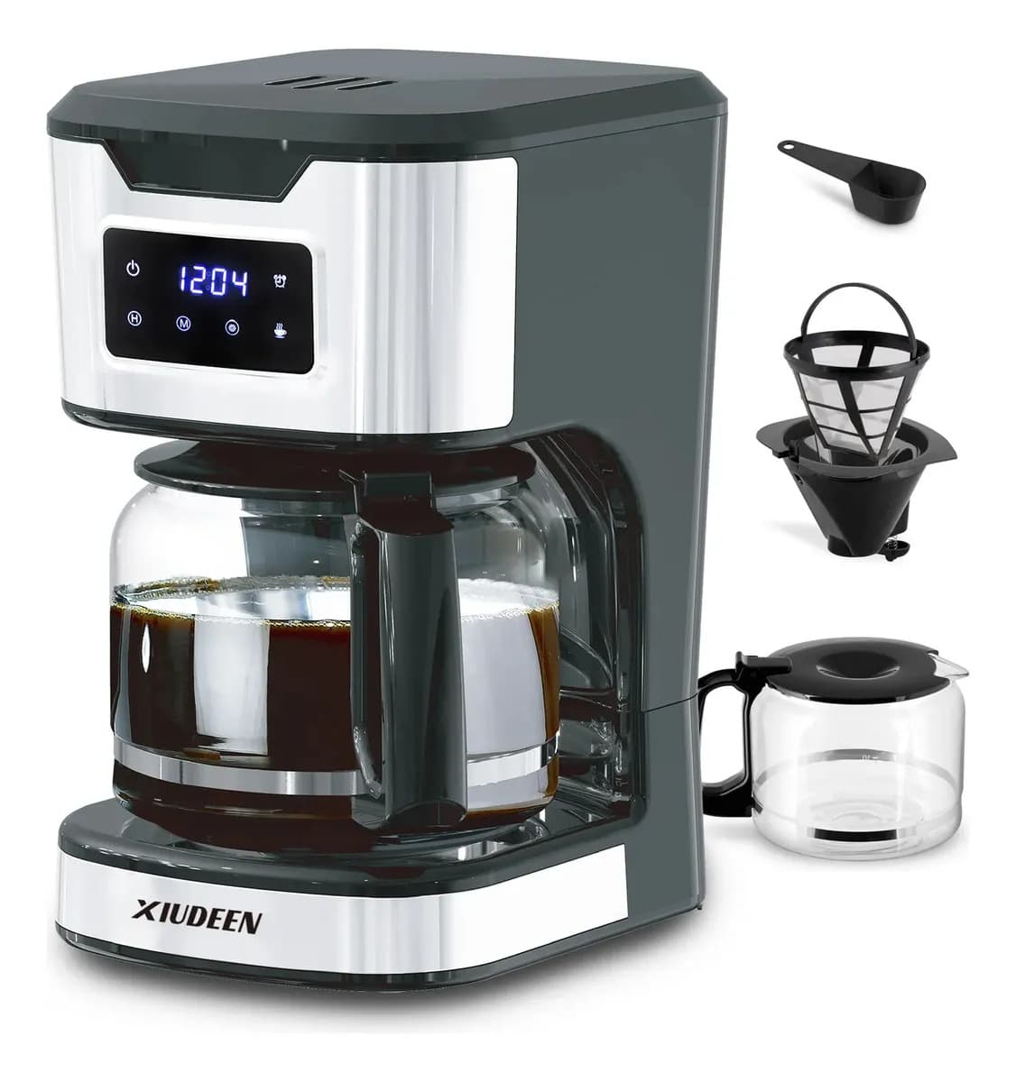 Cafetera Eléctrica Pequeña Semiautomática De Goteo 1.8l (12 Tazas) Pantalla Táctil Programable Imd Con Filtro Permanente Diseño Anti-goteo, Función De Mantenimiento Del Calor XIUDEEN Negro/plateado