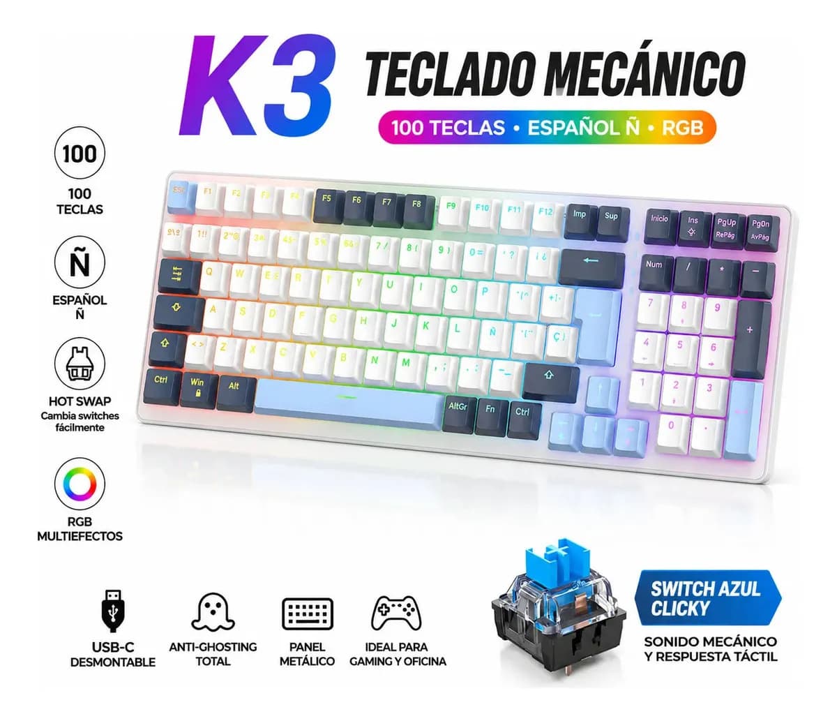 Teclado Mecánico Free Wolf K3 Español Ñ 100 Teclas RGB Hot Swap USB-C Switch Verde Clicky Estilo Azul para Gaming y Escritura, Blanco