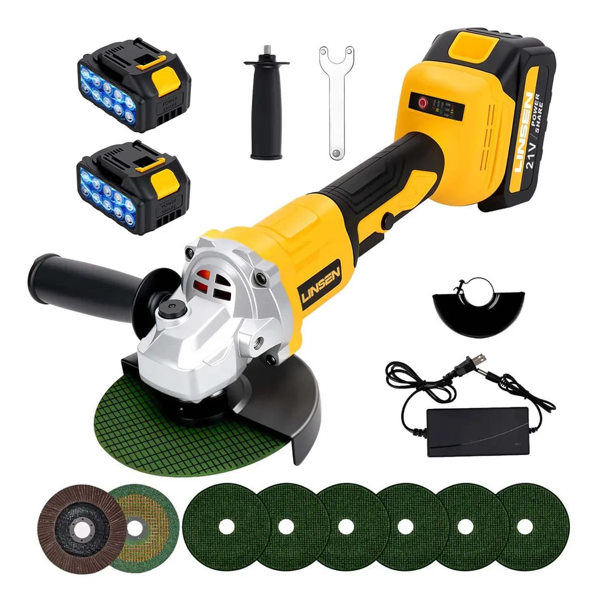 LINSEN Esmeriladora Angular Amoladora Angular Inalámbrica Amoladora 2 Baterías 125mm Amarillo Amoladora Angular Profesional Para cortar, esmerilar, pulir y eliminar el óxido de superficies metálicas.