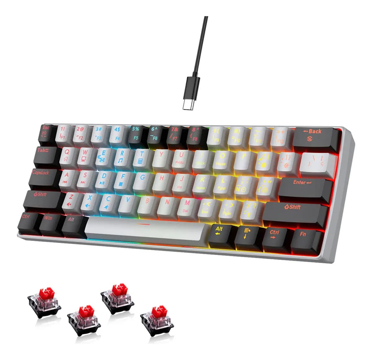 Teclado Mecanico 60 Porciento Con Cable Extraíble, Teclado Mecanico Español Con Red Switch, Teclado Gamer Anti Ghosting, Teclado Ergonomico Retroiluminado Rgb Para Computadora