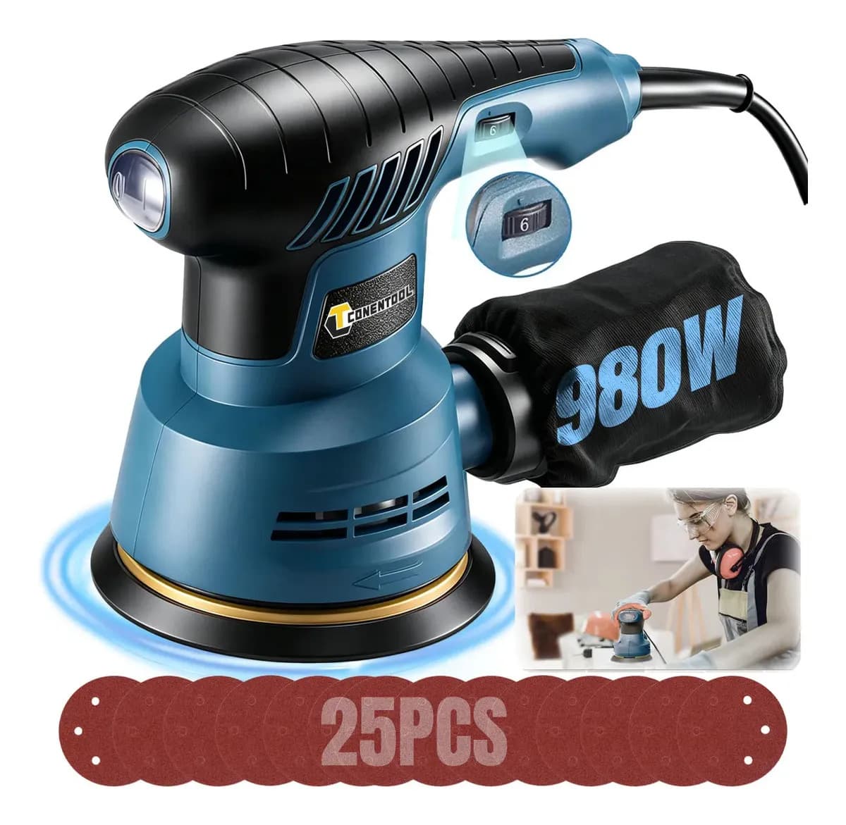 Lijadora Orbital Eléctrica de 980W con Colector de Polvo y 25 Lijas para Madera y Metal