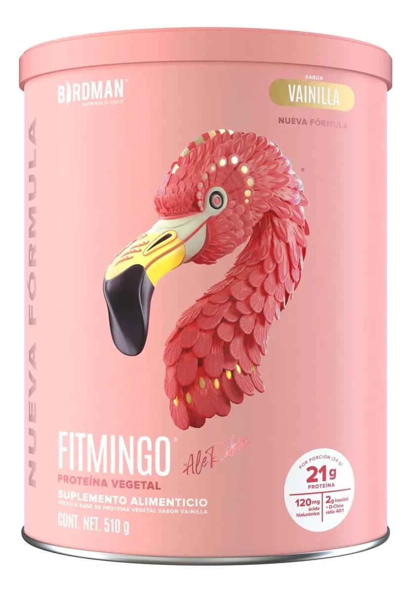 Birdman Fitmingo Proteína Vegana en Polvo | con Inositol, Ácido Hialurónico y Potenciadores de Colágeno | Para Mujer | Sin Lactosa | Vainilla | 510g