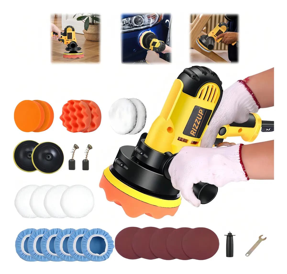 Rizzup Kit de Pulidora Lijadoras Máquina Eléctrica para Autos Velocidad Ajustable Accesorios 28pzs 700w 600-3700rpm 5 Pulg