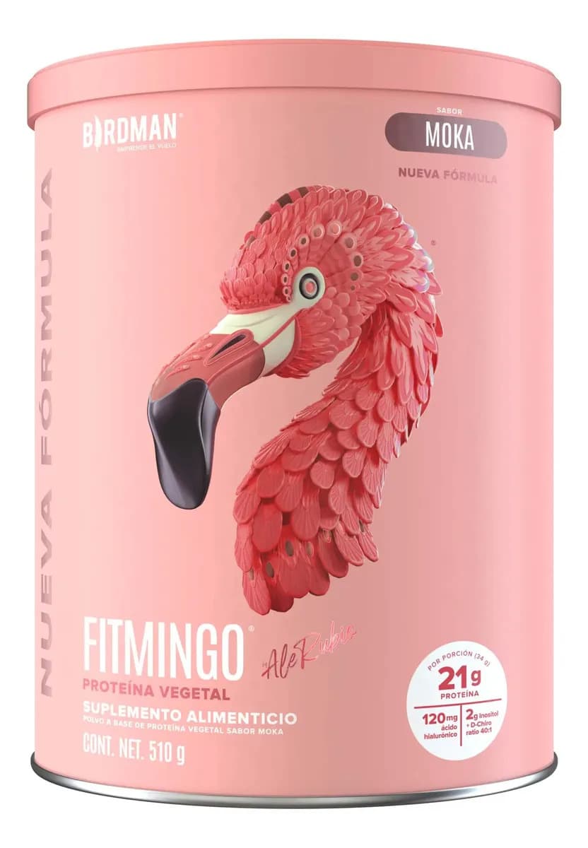 Birdman Fitmingo Proteína Vegana en Polvo | con Inositol, Ácido Hialurónico y Potenciadores de Colágeno | Para Mujer | Sin Lactosa | Moka | 510g