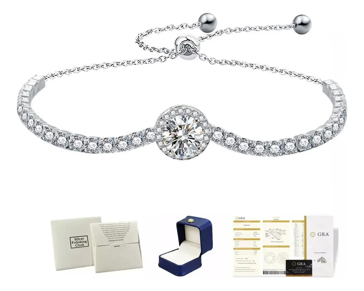Pulsera Mujer Diamara Moissanita Plata 925 Ajustable Dijes Elegante