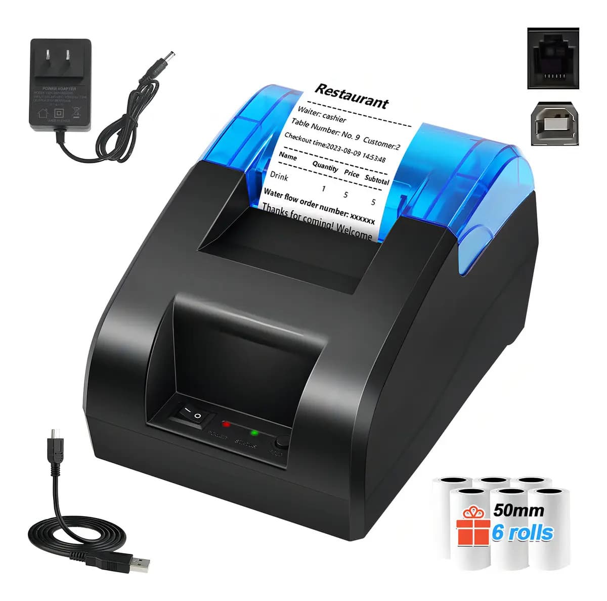 Impresora Térmica Ticket Recibos De 58mm Con 6 Rollos De Papel, Impresora Térmica Portátil, 58 mm, Mini Impresora De Etiquetas