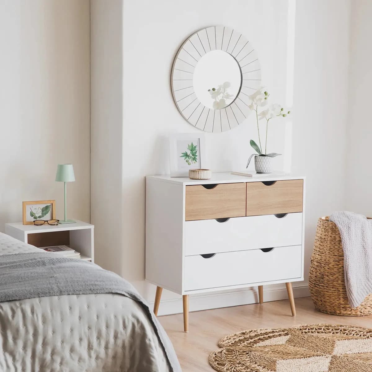 Cómoda Cajonera Estilo Nórdico Moderna Con 4 Cajones Color Blanca Y Madera Café