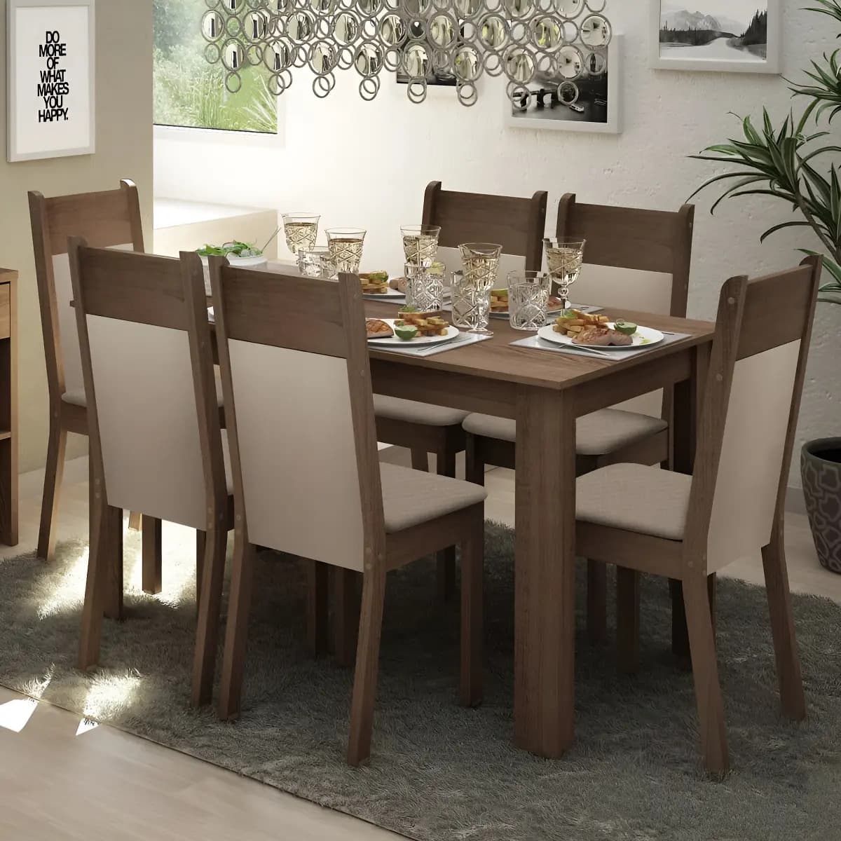 Juego de Comedor con Mesa Madesa Jaíne y 6 Sillas Color Marrón/Crema/Beige