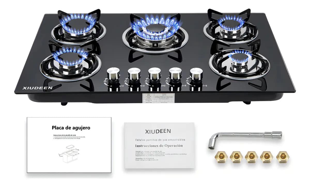 Parrilla De Gas Empotrable de mesa XIUDEEN XD5001G 5 quemadores de gas GN GLP aplicables cristal templado color negro