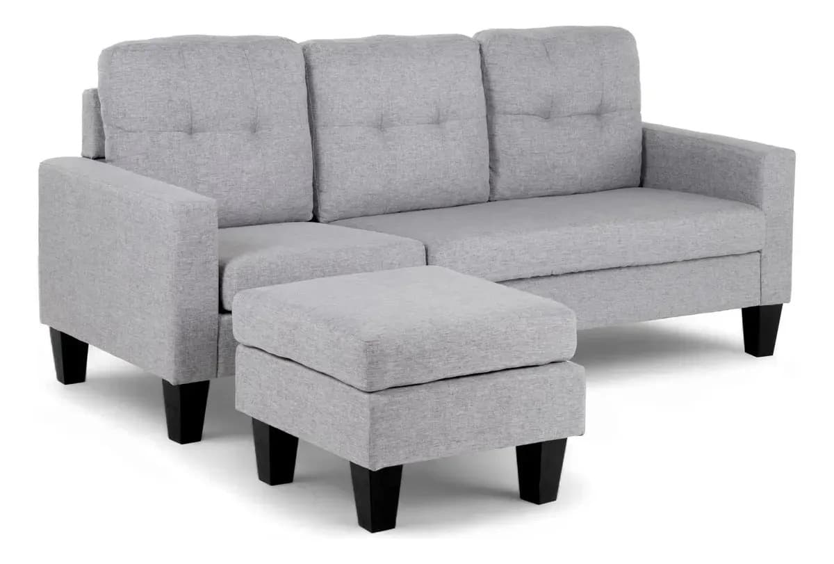 Sala Esquinera en L Kingshouse con Taburete y Diseño Reversible de Madera de Alta Calidad y Durabilidad, Moderna Ideal para Espacios Pequeños, Tapizado tipo Lino y Cojines Removibles