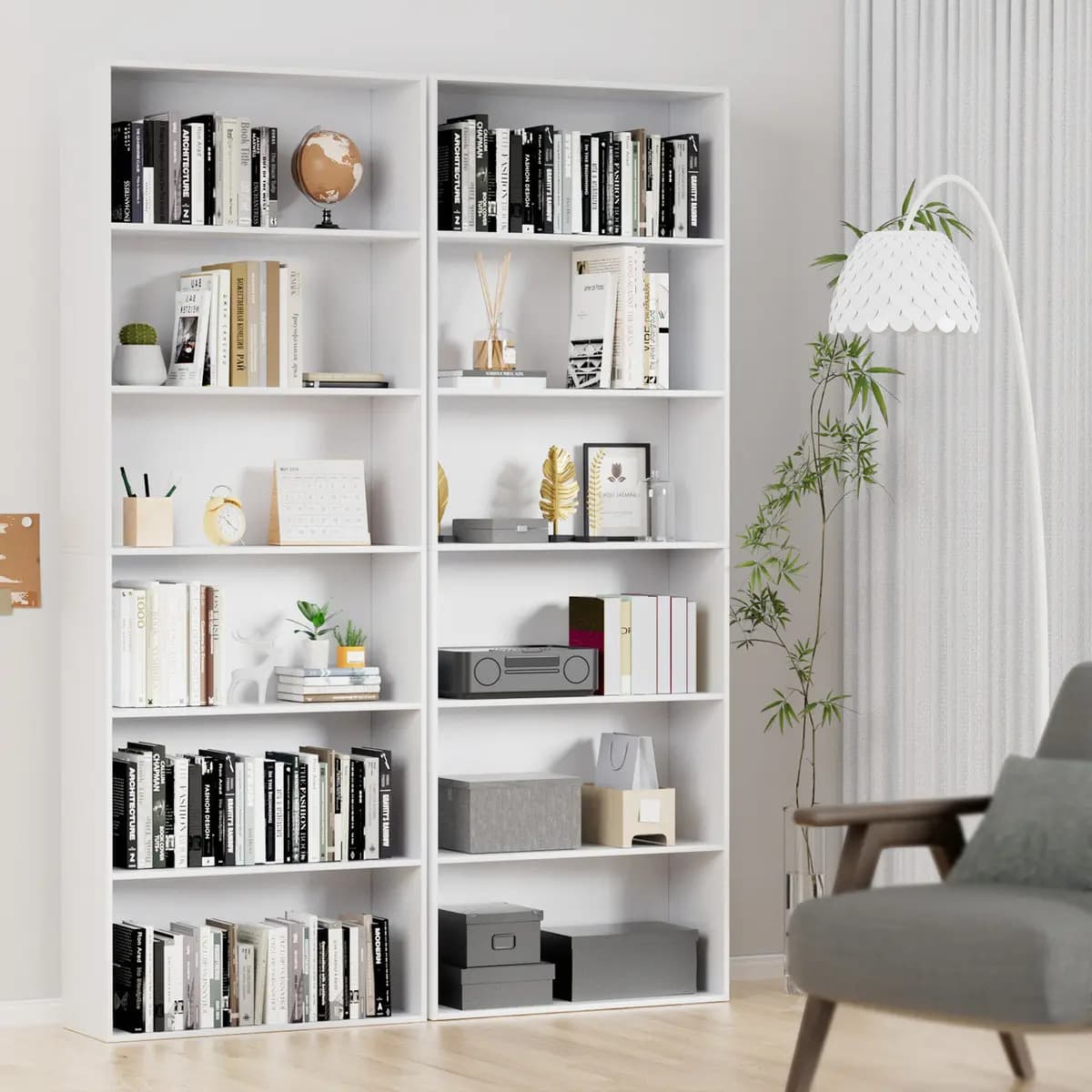 6 Capas Librero Blanco 180×24×60cm Mueble Librero Madera Esquinero Diseño Minimalista para Sala y Oficina