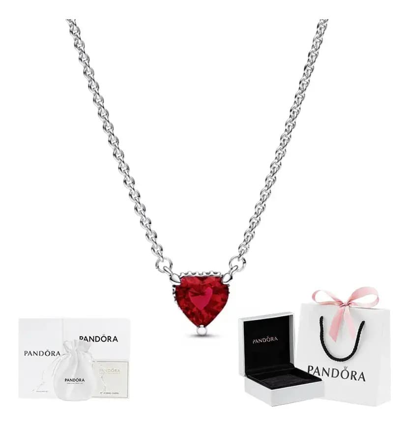Pandora Collar Plata Cadena De Plata Dama Cadena Mujer Color Corazón Ardiente