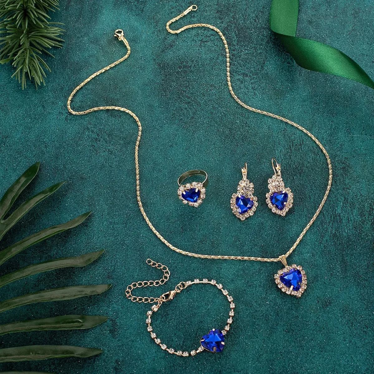 Juego De Joyeria Mujer Corazon Collar Aretes Pulsera Anillo Con Caja De Regalo Collar Corazon Dorado Regalos Para Mujeres - Azul