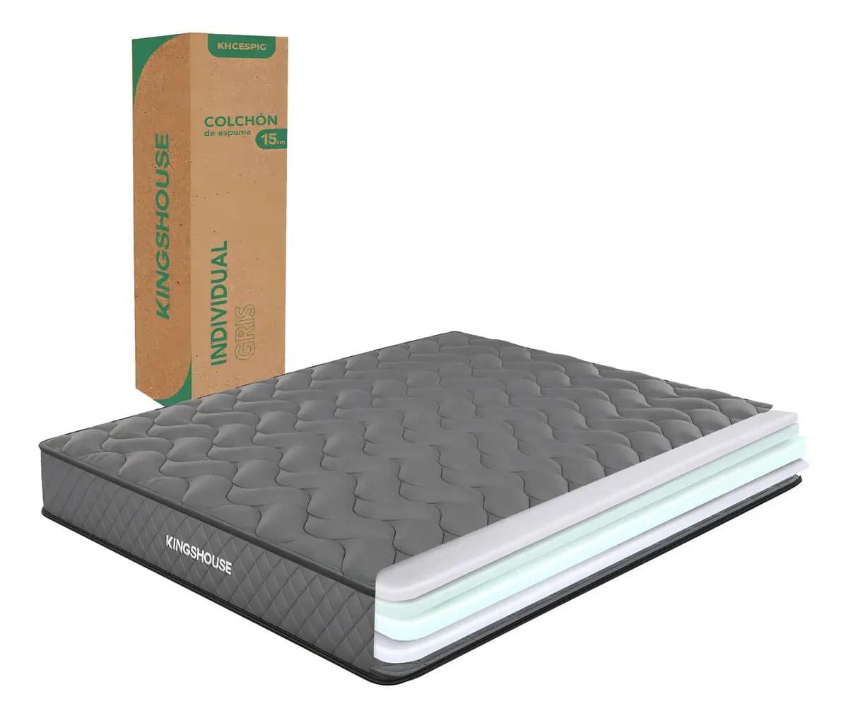 Colchón en Caja Individual 15 cm Alto Color Gris Espuma de Alta Densidad Memory Foam Antiácaros e Hipoalergénico Firmeza Justa KHCESPIG KingsHouse