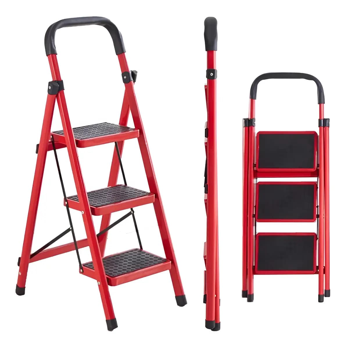 Escalera De Acero Tubular Telescopica 3 Escalones Homex Color Rojo