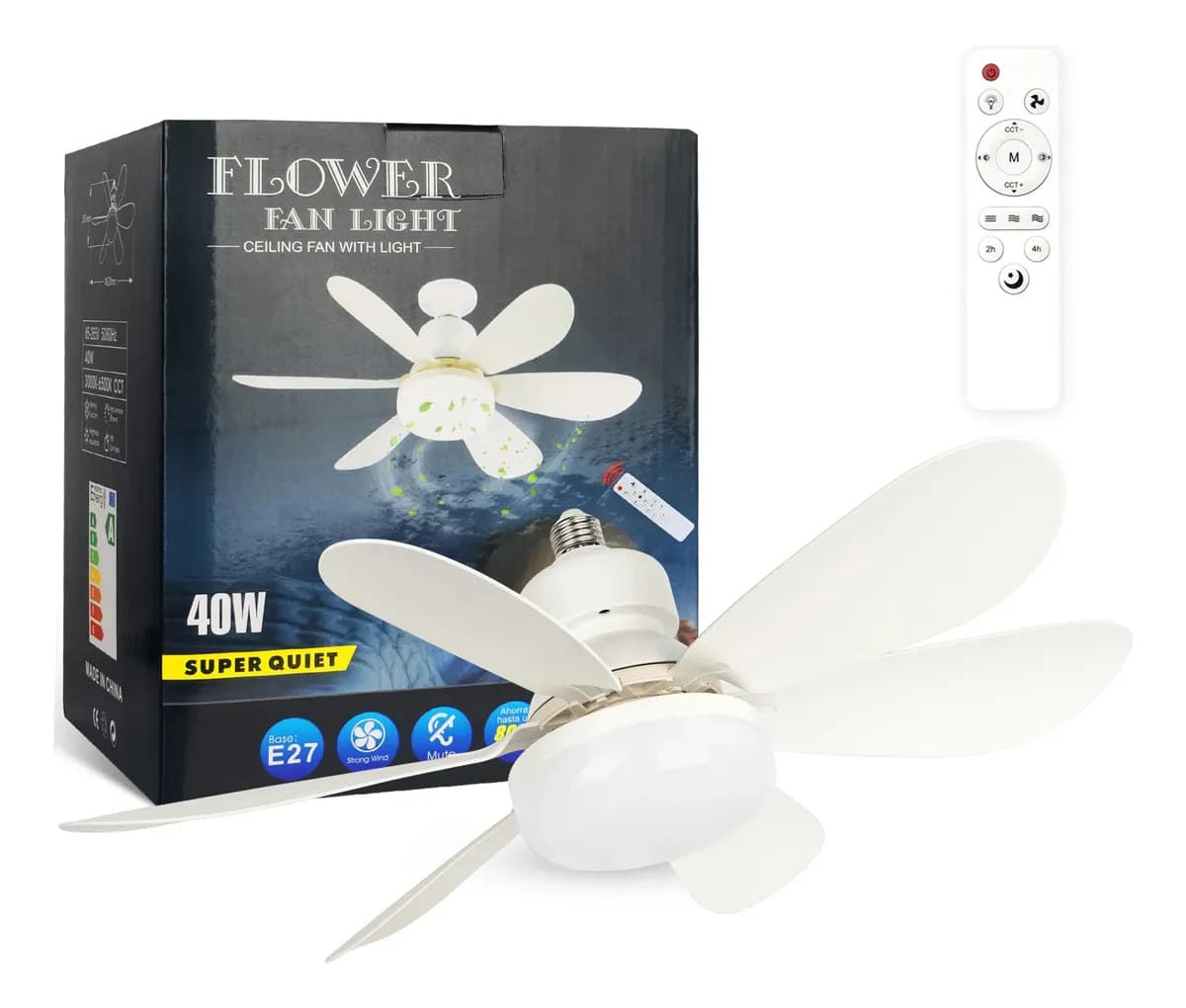 lampara techo ventilador led foco con control remoto iluminacion hogar 6 aspas 52CM blanco E26 E27 base de tornillo Silencioso 3 velocidad ajustable Cronometrado