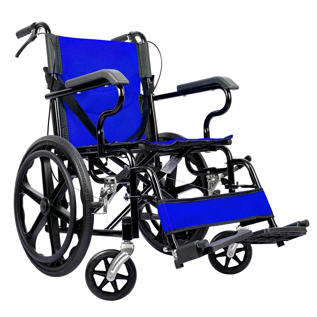 Silla De Ruedas Traslado Ergonomica Con Brazos Fijos Descansapies Desmontables Y Facil Manejo En Espacios Reducidos Medical Store Color Azul