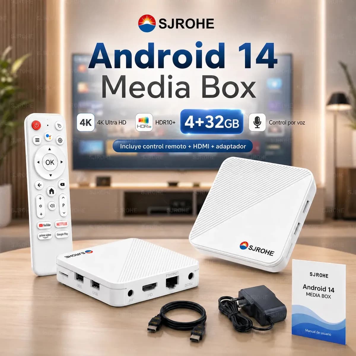 SJROHE Tv Box Streaming Tv 4+32gb 4k Negro Control Remoto Bluetooth Full Hd Android Tv Android 14.0 Tv Stick Wifi 6 Con Google Assistant Cable Hdmi 2.1