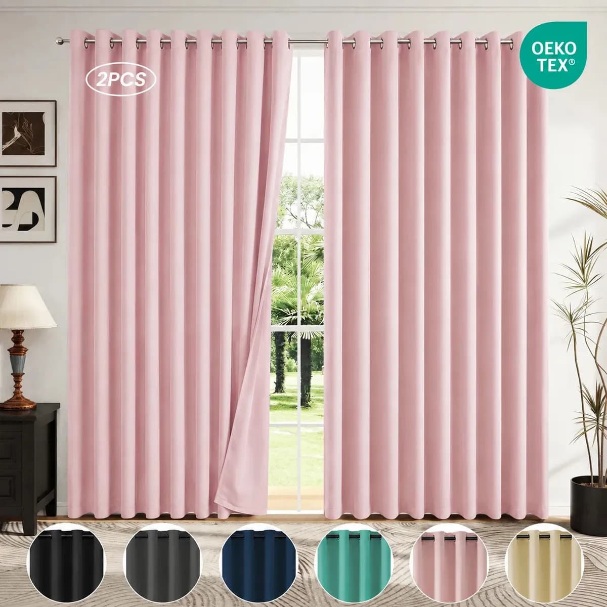 Cortinas Largas Blackout Para Recamara Sala Elegantes 280x240cm 2 Paneles Aislamiento Térmico Y Reducción De Ruido Tela Impermeable Rosa