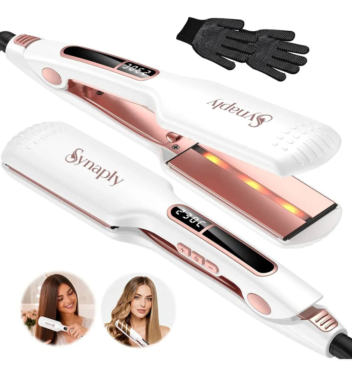 Plancha de Cabello Synaply 2 en 1 Cerámica Iónica para Alisar y Rizar, 12 Temperaturas, para Cabello Húmedo o Seco