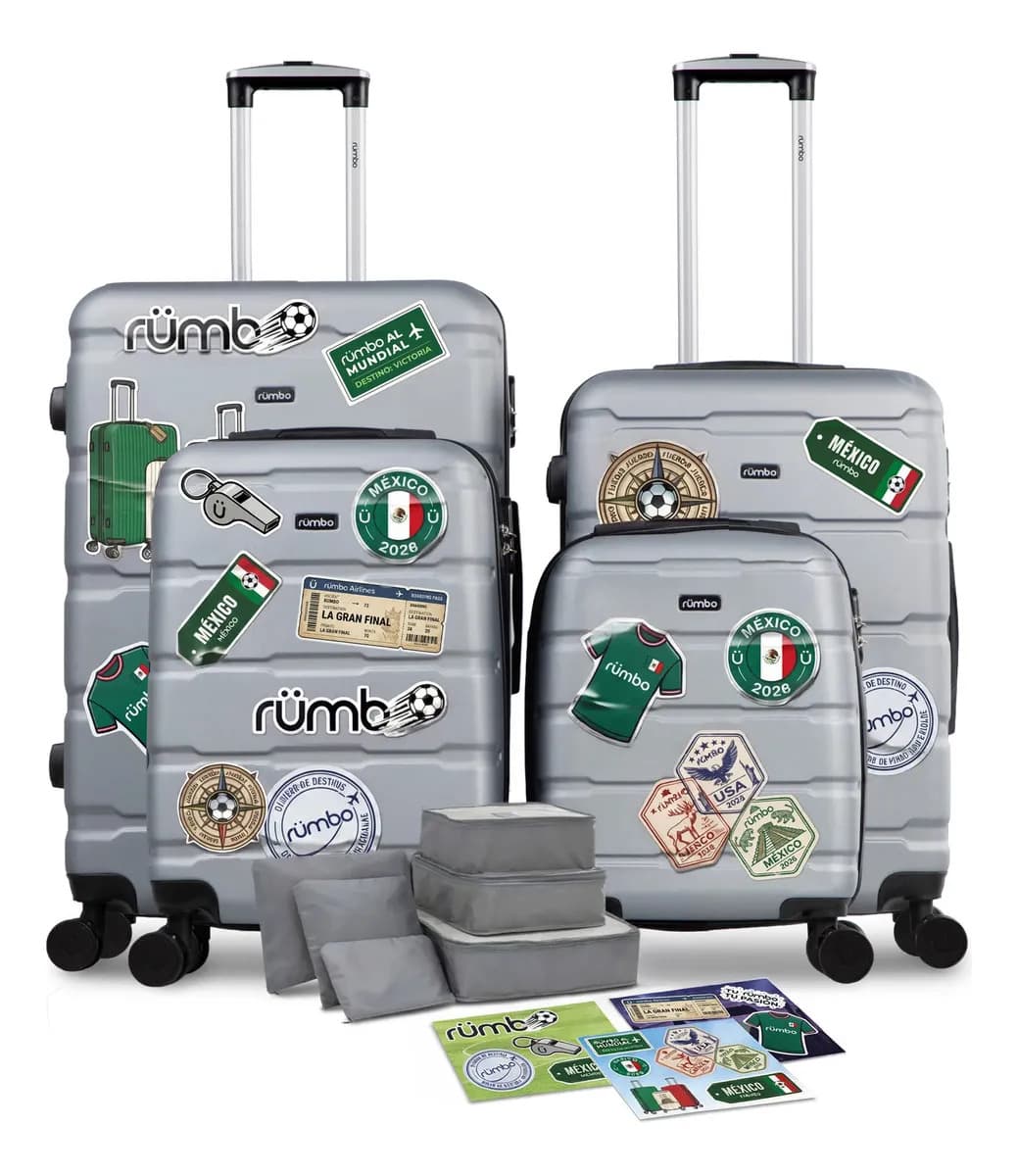 Set De Maletas Rígidas De Viaje Tamaños 16, 20, 24 Y 28 Rumbo Abs Con Candado Tsa Y Ruedas 360°, Color Gris. Incluye Stickers Exclusivos